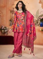 Silk Rani Party Wear Digital Print Readymade Kurti With Plazzo And Dupatta